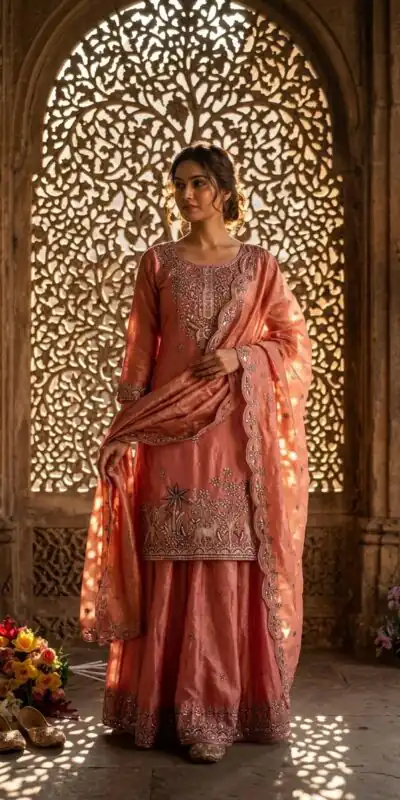 WW 1280 Peach Fendy Silk Salwar Suitwith Embroidery Work & Lace Work. Now at just ₹2449. Delivery 4-6 Working Days. Shop now. | Jump Suits, Salwar suit, Casual Suits, Creative suits, Designer Suits, Palazzo Suits, Party Wear Suits, Patiala Suits, Straight Suits