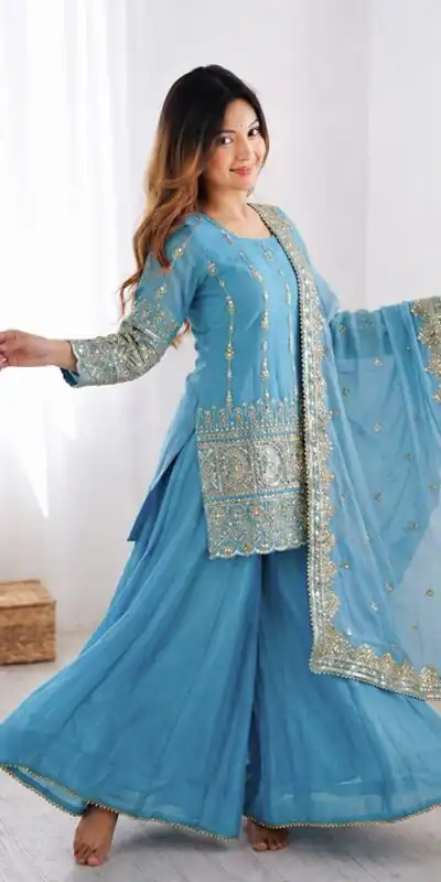 ZF 430 Sky Blue Vichitra Silk Salwar Suit with Embroidery Work. Wedding, Party, Festive, Events, Grab it for ₹2399. Delivery 4-6 Working Days. Shop now. | Jump Suits, Salwar suit, Casual Suits, Creative suits, Designer Suits, Palazzo Suits, Party Wear Suits, Patiala Suits, Straight Suits
