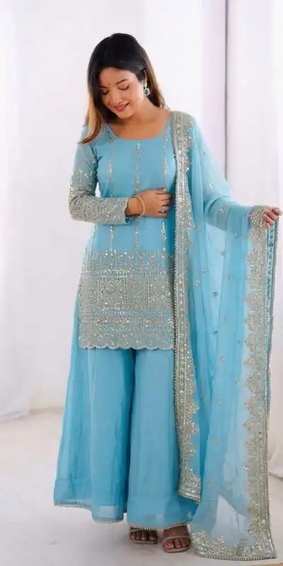 ZF 430 Sky Blue Vichitra Silk Salwar Suit with Embroidery Work. Wedding, Party, Festive, Events, Grab it for ₹2399. Delivery 4-6 Working Days. Shop now. | Jump Suits, Salwar suit, Casual Suits, Creative suits, Designer Suits, Palazzo Suits, Party Wear Suits, Patiala Suits, Straight Suits