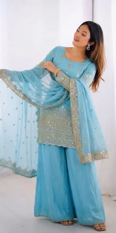 ZF 430 Sky Blue Vichitra Silk Salwar Suit with Embroidery Work. Wedding, Party, Festive, Events, Grab it for ₹2399. Delivery 4-6 Working Days. Shop now. | Jump Suits, Salwar suit, Casual Suits, Creative suits, Designer Suits, Palazzo Suits, Party Wear Suits, Patiala Suits, Straight Suits