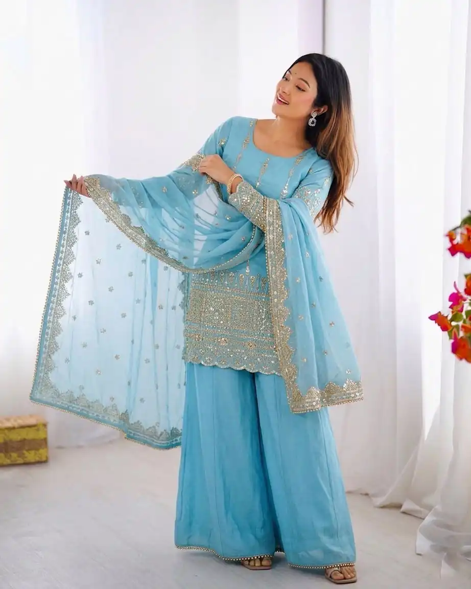 ZF 430 Sky Blue Vichitra Silk Salwar Suit with Embroidery Work. Wedding, Party, Festive, Events, Grab it for ₹2399. Delivery 4-6 Working Days. Shop now. | Jump Suits, Salwar suit, Casual Suits, Creative suits, Designer Suits, Palazzo Suits, Party Wear Suits, Patiala Suits, Straight Suits