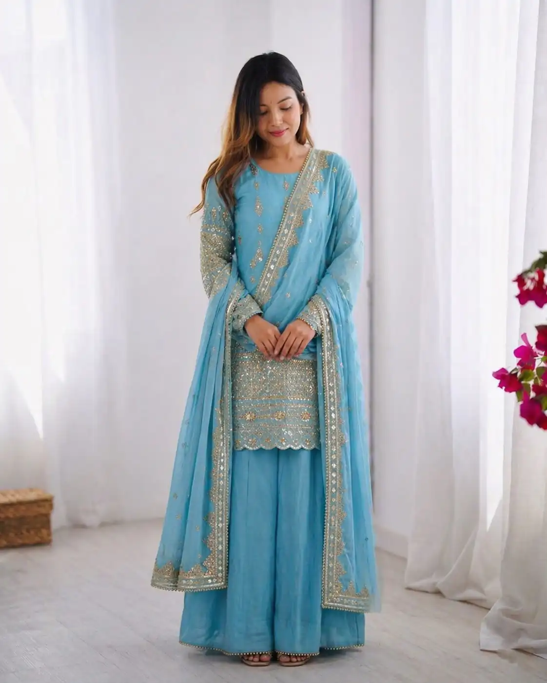 ZF 430 Sky Blue Vichitra Silk Salwar Suit with Embroidery Work. Wedding, Party, Festive, Events, Grab it for ₹2399. Delivery 4-6 Working Days. Shop now. | Jump Suits, Salwar suit, Casual Suits, Creative suits, Designer Suits, Palazzo Suits, Party Wear Suits, Patiala Suits, Straight Suits