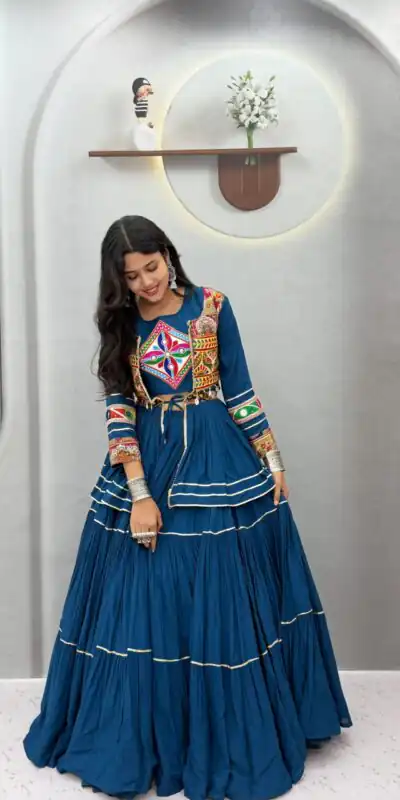 Ram 120 Teal in Pure Cotton Mirror Work & Gamthi Work Lehenga Choli . Exclusive Offer ₹3049. Delivery 4-6 Working Days. Shop now. | Lehenga, Bollywood Lehenga, Creative Lehenga, Designer Lehenga, Embroidered Lehenga, Party Wear Lehenga