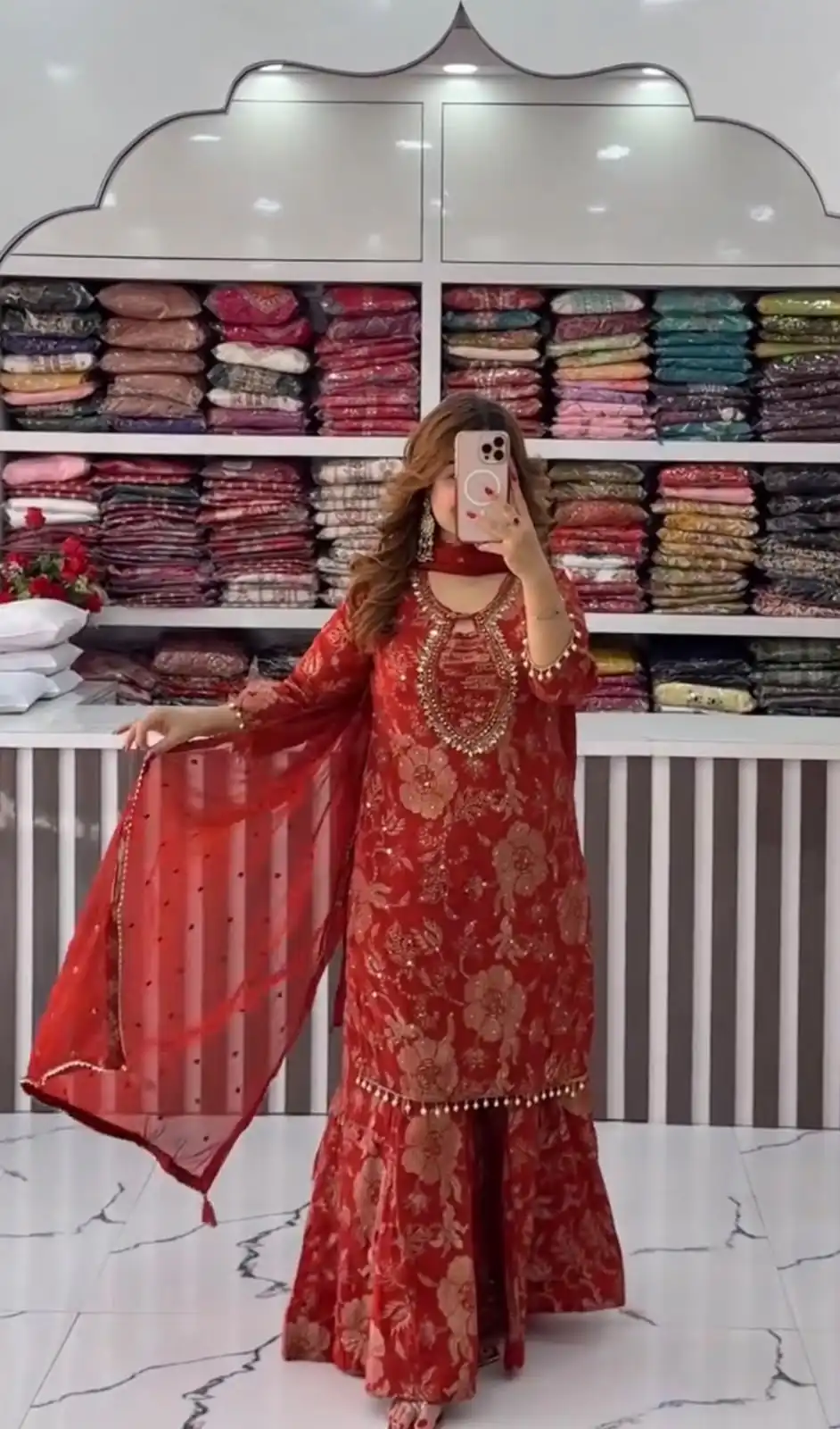 Cool Red Faux Georgette Sequences Work Salwar Suit - Image 3