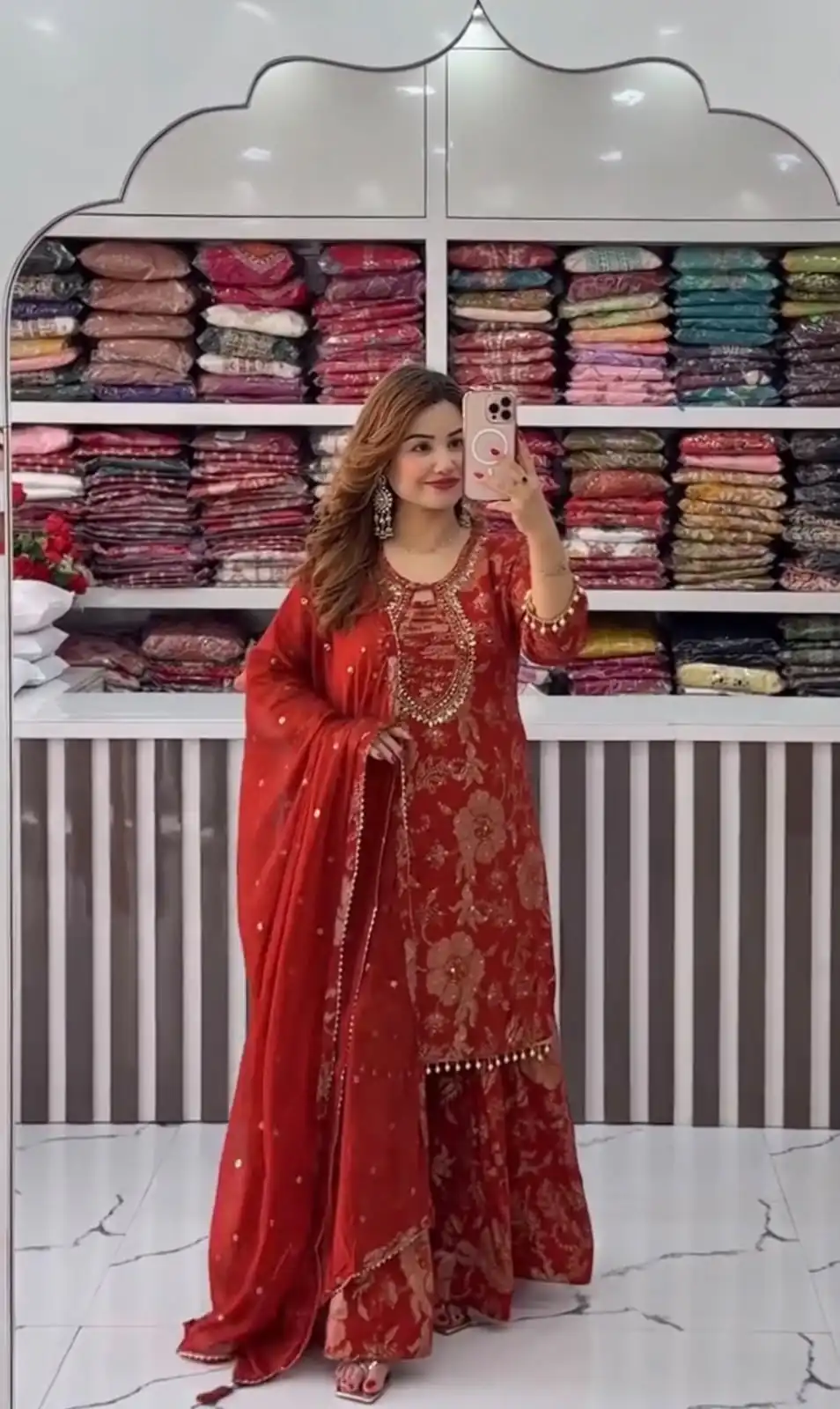 Cool Red Faux Georgette Sequences Work Salwar Suit - Image 2