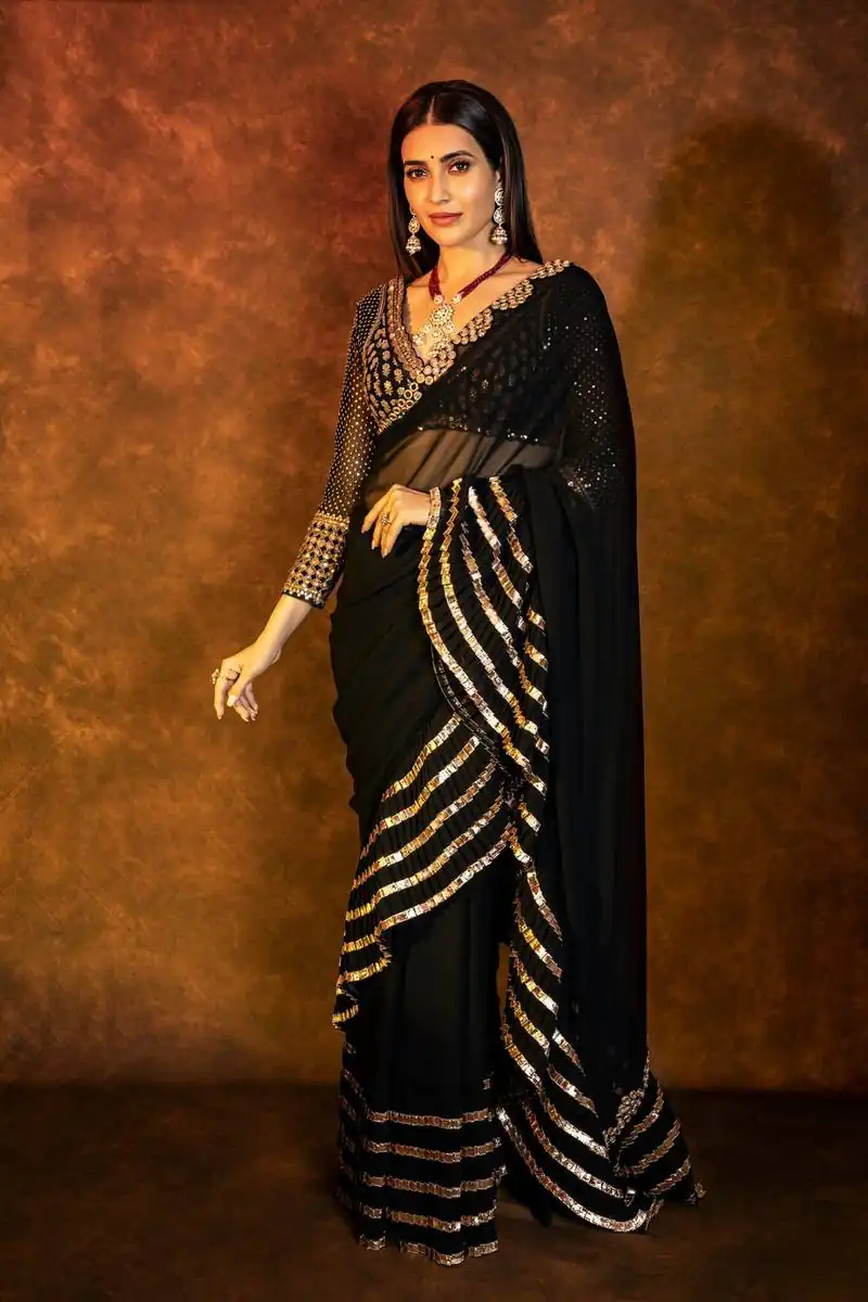 Fancy Black Faux Georgette Embroidery Work Saree