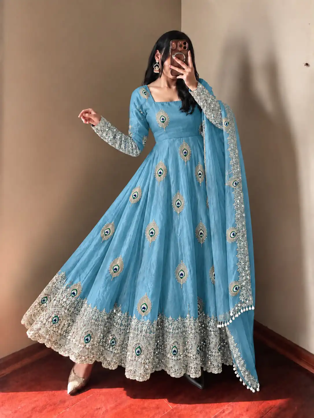 Fancy Blue Fendy Silk Sequins Work Gown