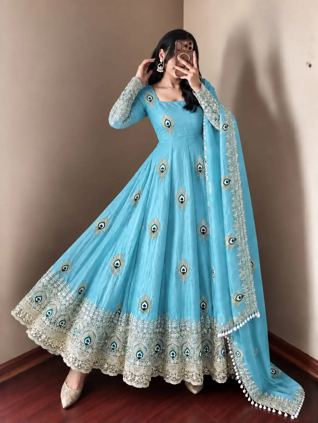 Fancy Blue Fendy Silk Sequins Work Gown - Image 4