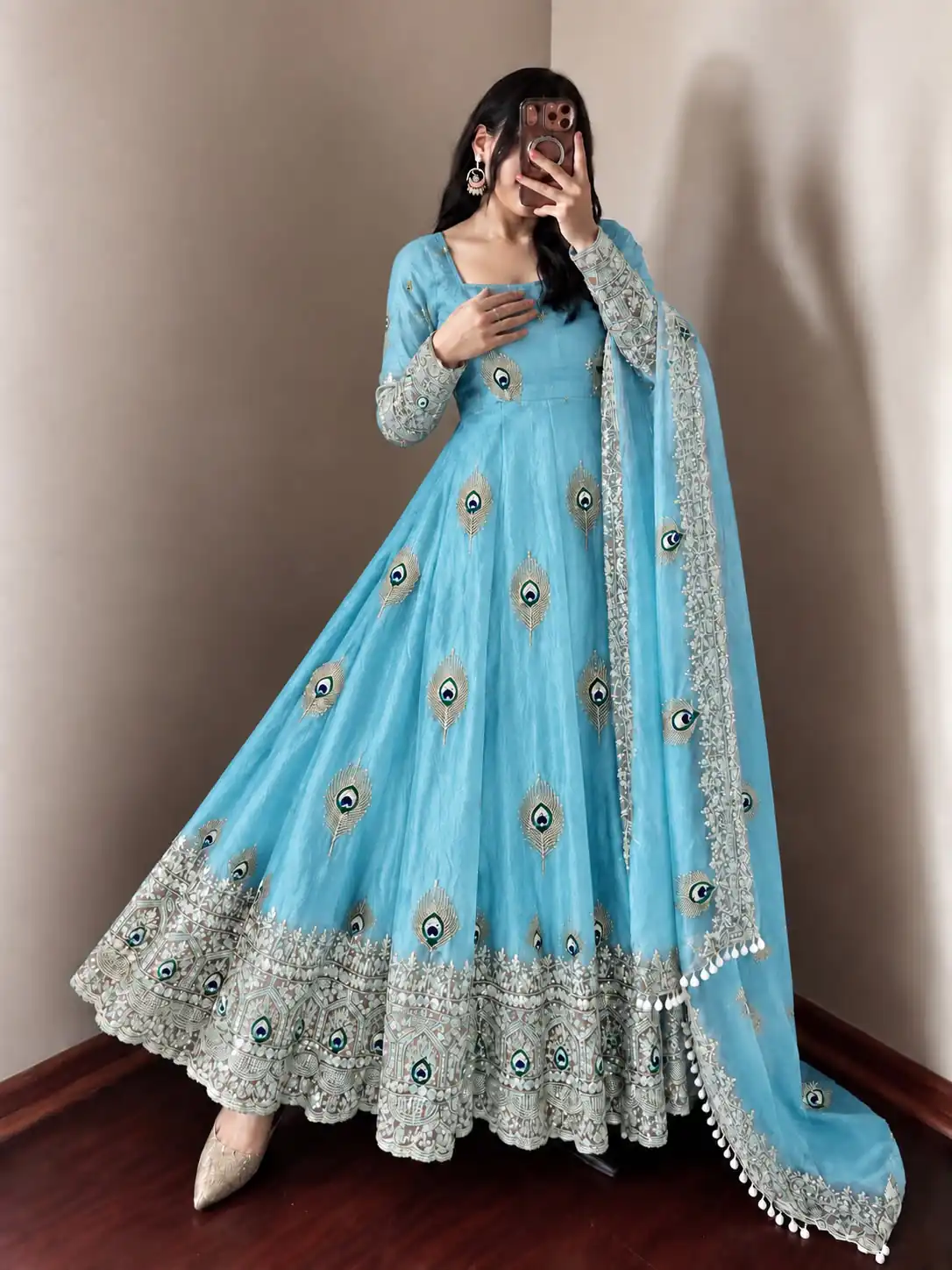 Fancy Blue Fendy Silk Sequins Work Gown - Image 2