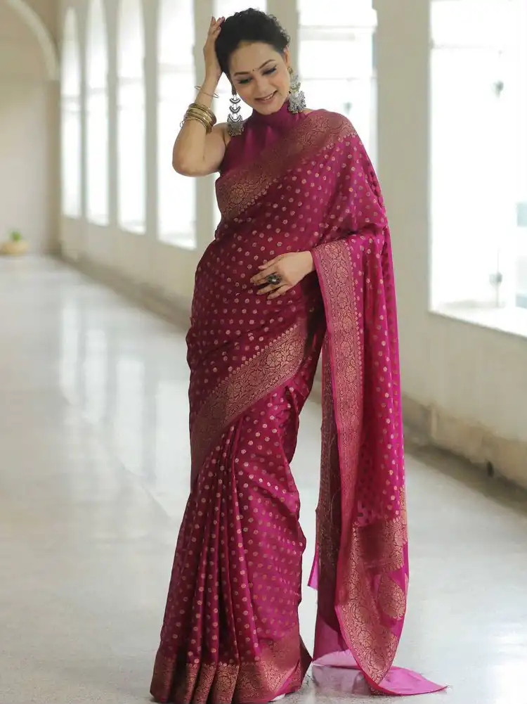 Fancy Dark Pink Lichi Silk Jacquard Work Saree - Image 3