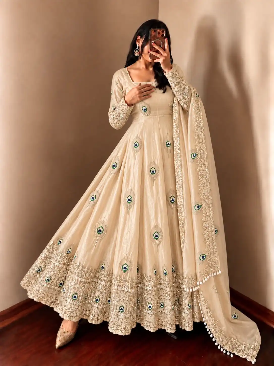 Fancy Off White Fendy Silk Sequins Work Gown - Image 3