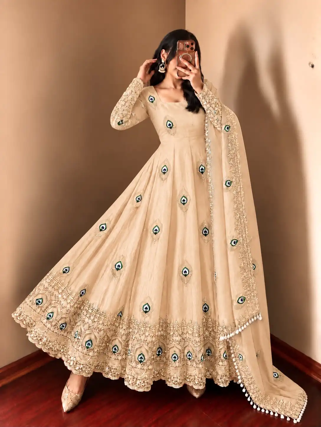 Fancy Off White Fendy Silk Sequins Work Gown