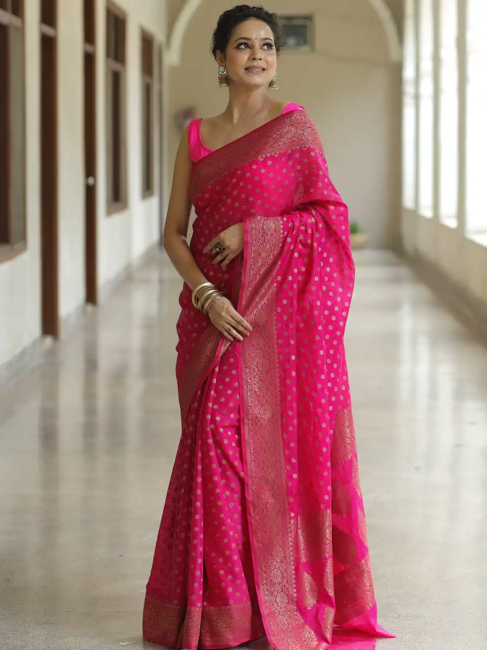Fancy Pink Lichi Silk Jacquard Work Saree