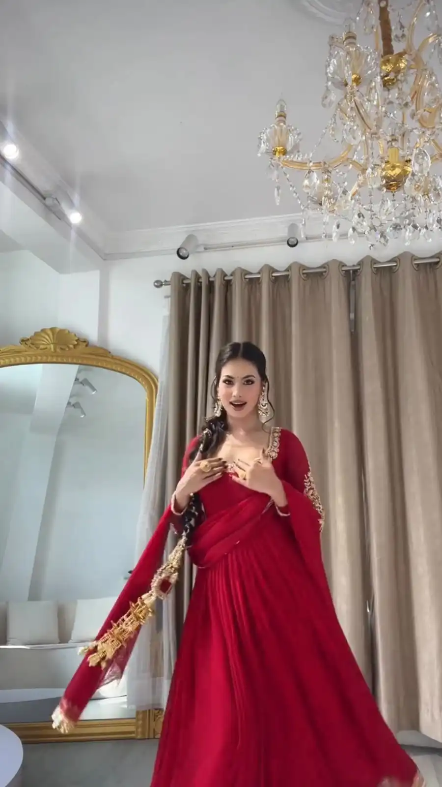 Fancy Red Faux Georgette Sequence Work Gown - Image 2
