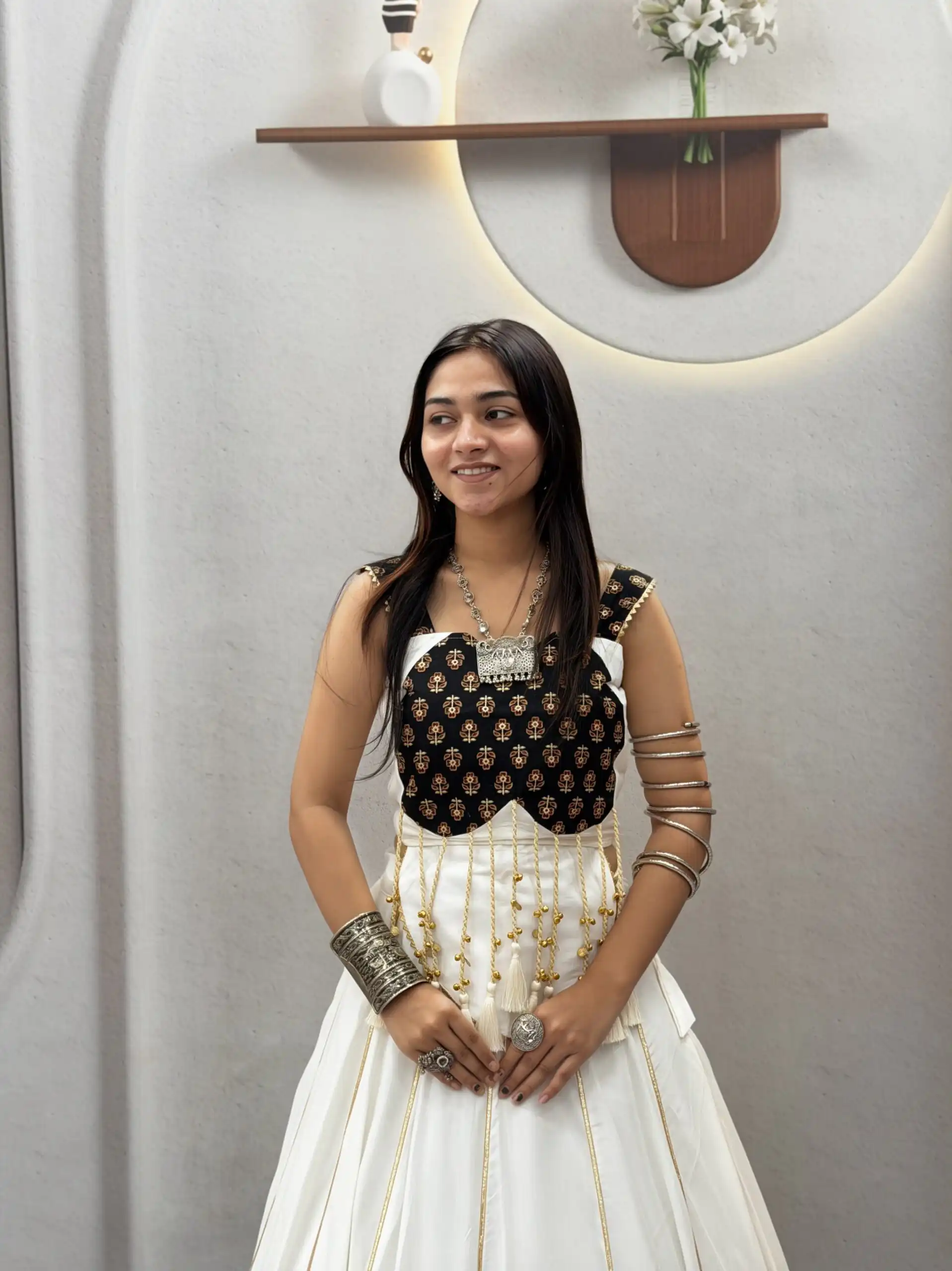 Fancy White Pure Cotton Ajarak Hand Work Lehenga Choli - Image 2
