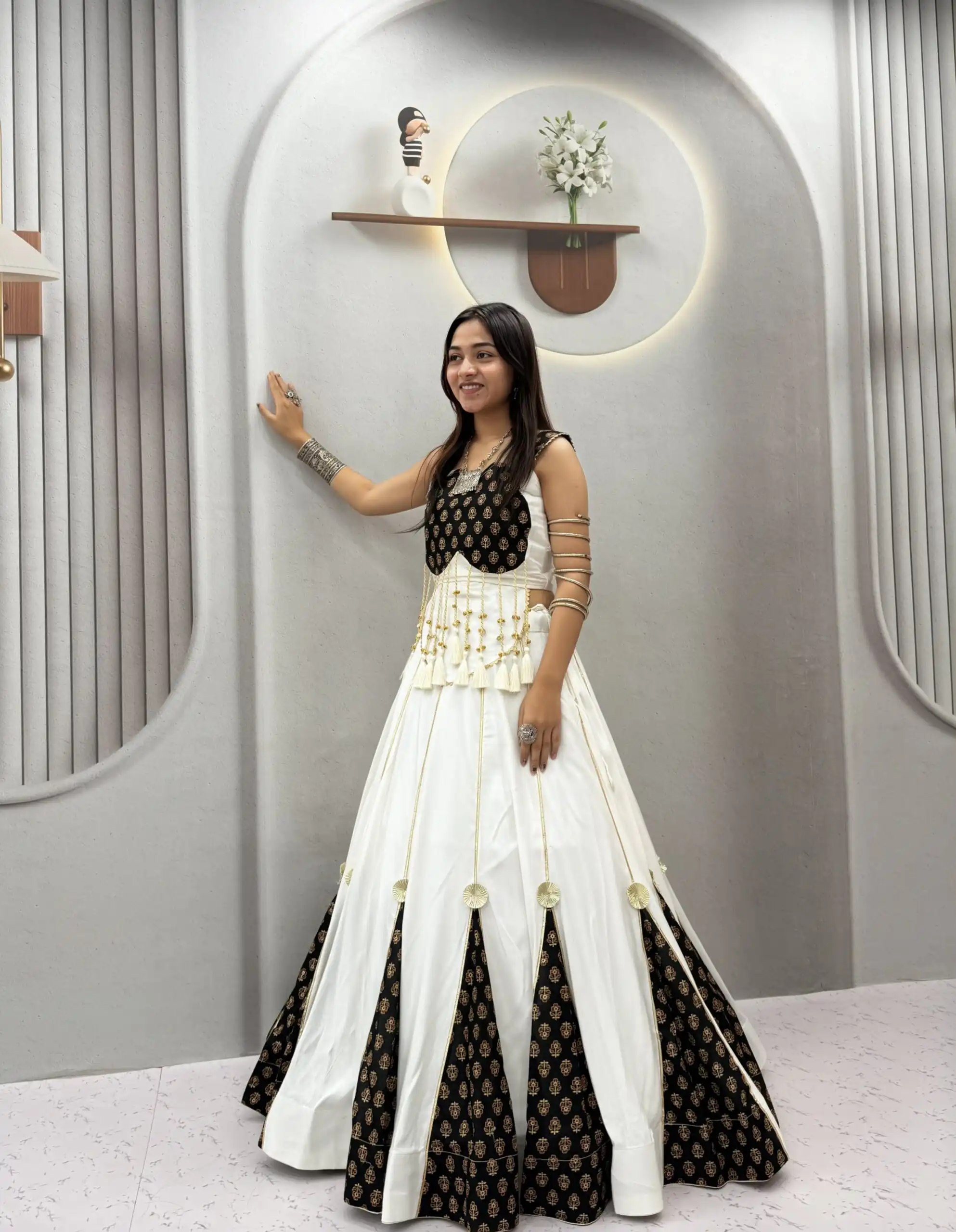 Fancy White Pure Cotton Ajarak Hand Work Lehenga Choli - Image 5
