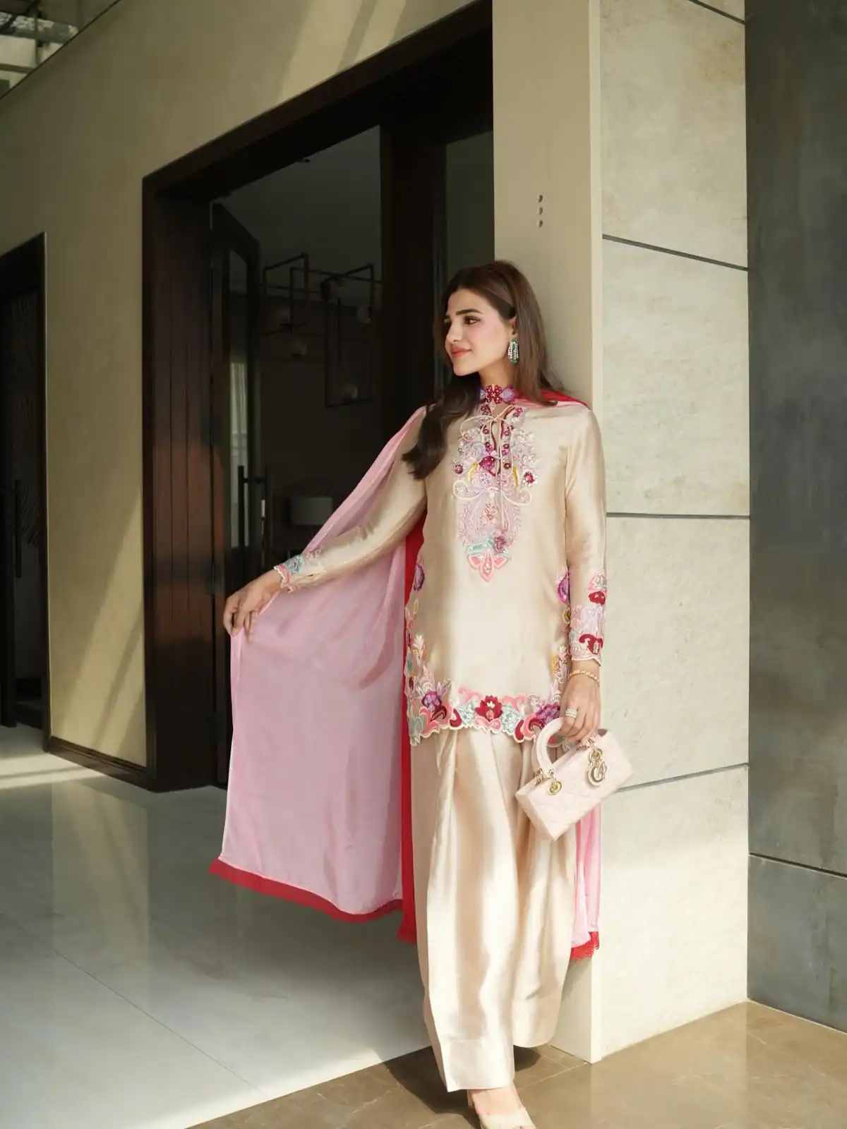 Glowing Cream Natural Satin Embroidery Work Salwar Suit - Image 4