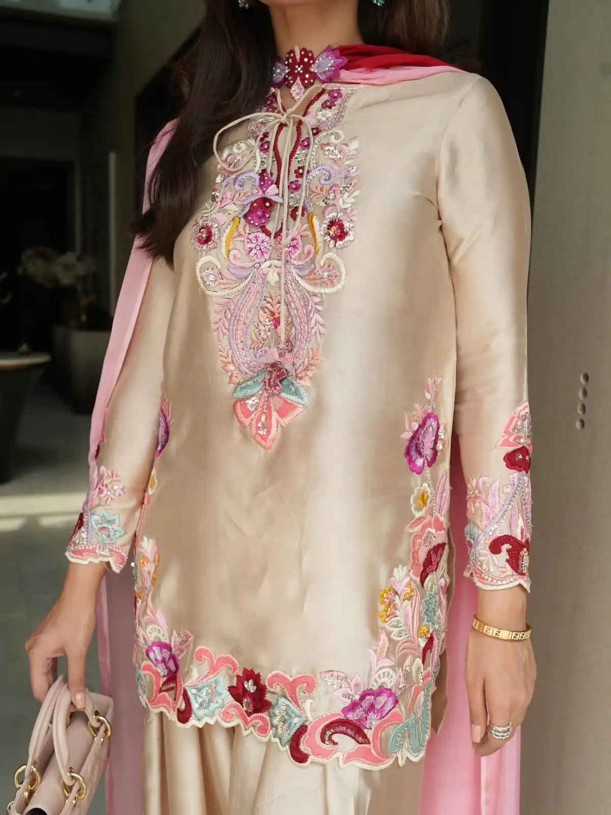 Glowing Cream Natural Satin Embroidery Work Salwar Suit - Image 2