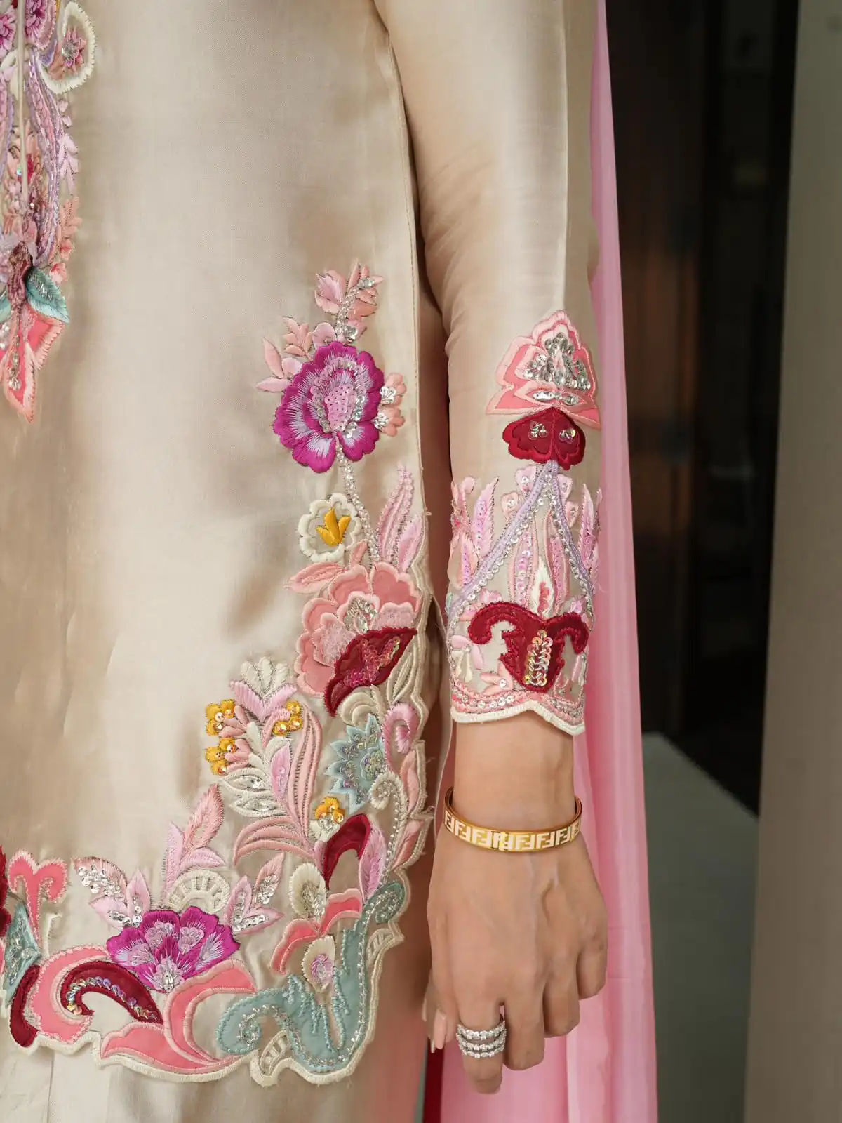 Glowing Cream Natural Satin Embroidery Work Salwar Suit - Image 6