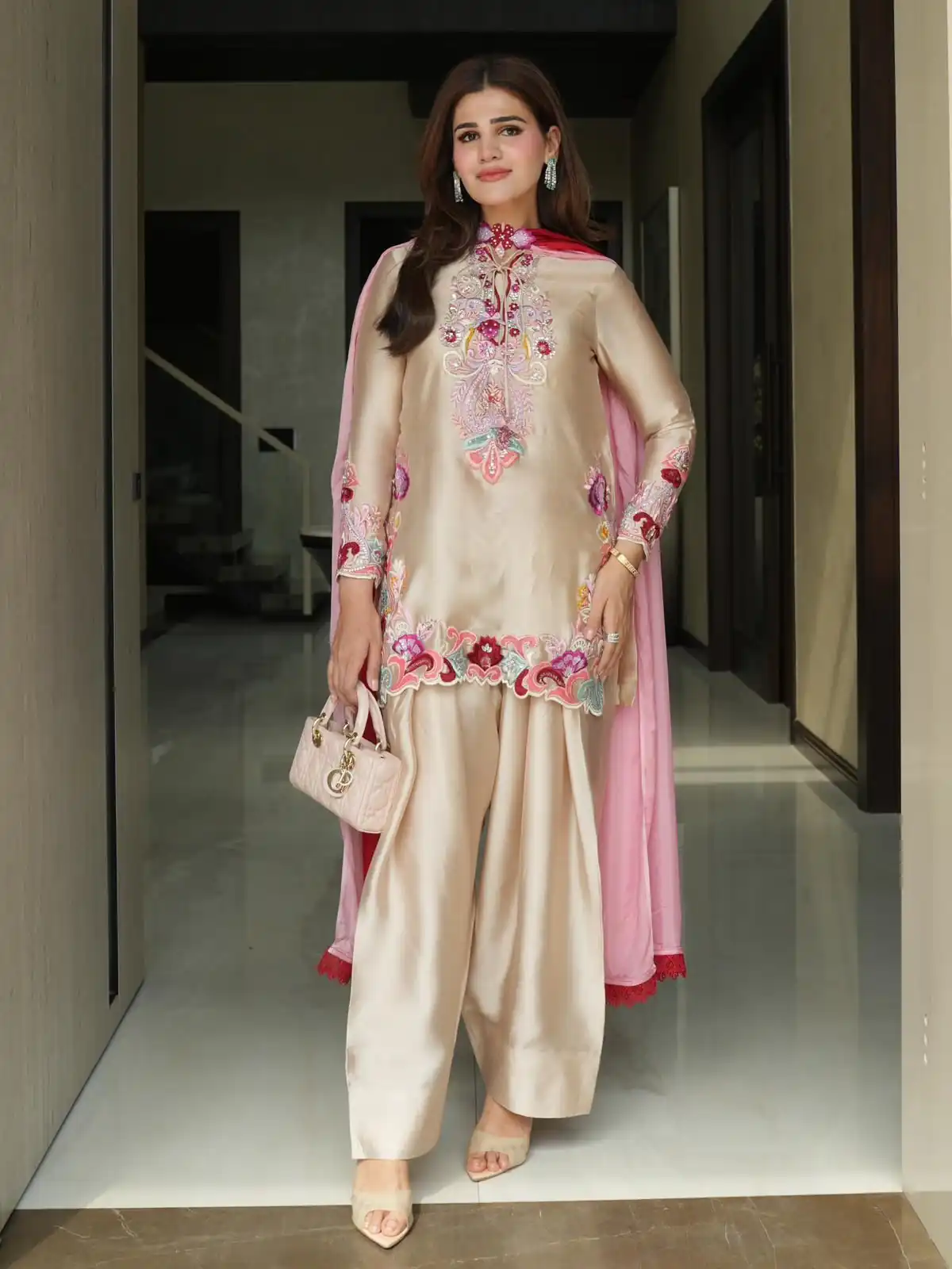 Glowing Cream Natural Satin Embroidery Work Salwar Suit