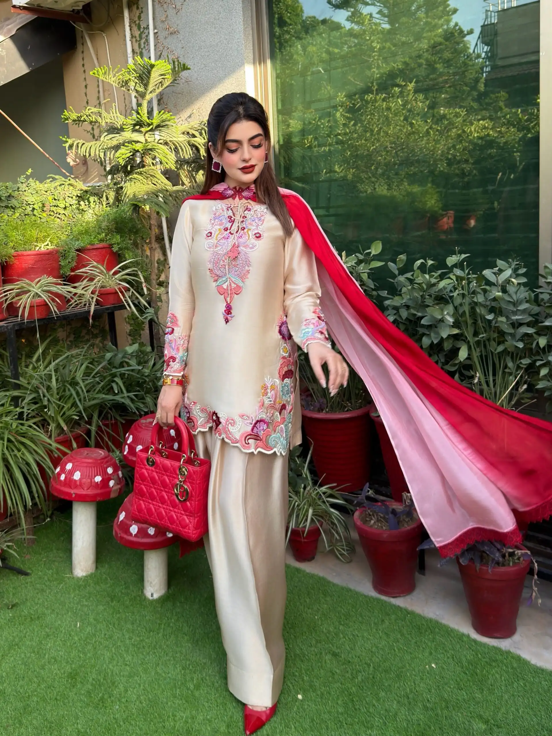 Glowing Cream Natural Satin Embroidery Work Salwar Suit - Image 8