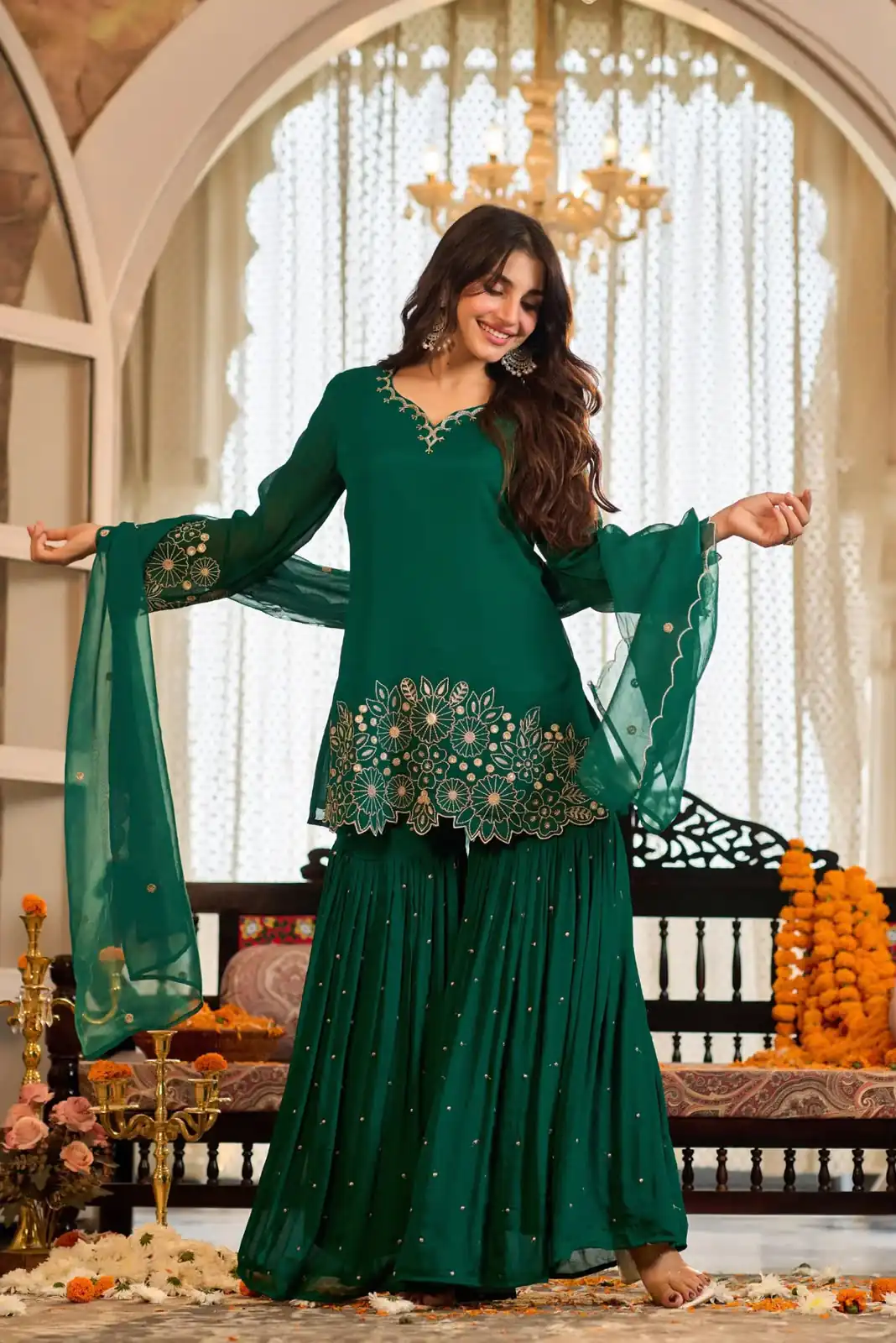 Glowing Green Chinon Silk Sequence Work Salwar Suit