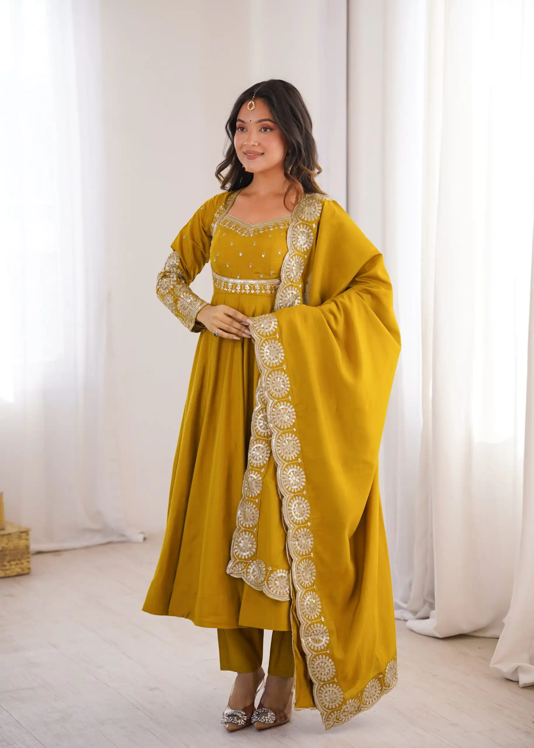 Glowing Mastered Roman Silk Embroidery Work Anarkali Suit - Image 9