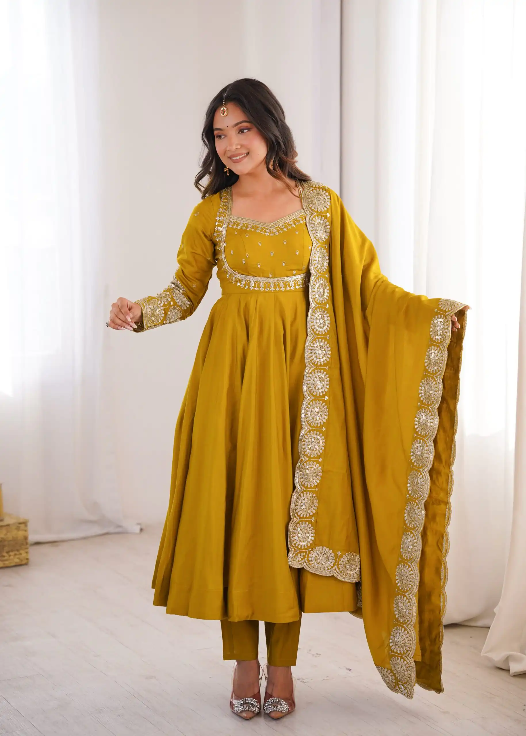 Glowing Mastered Roman Silk Embroidery Work Anarkali Suit - Image 2