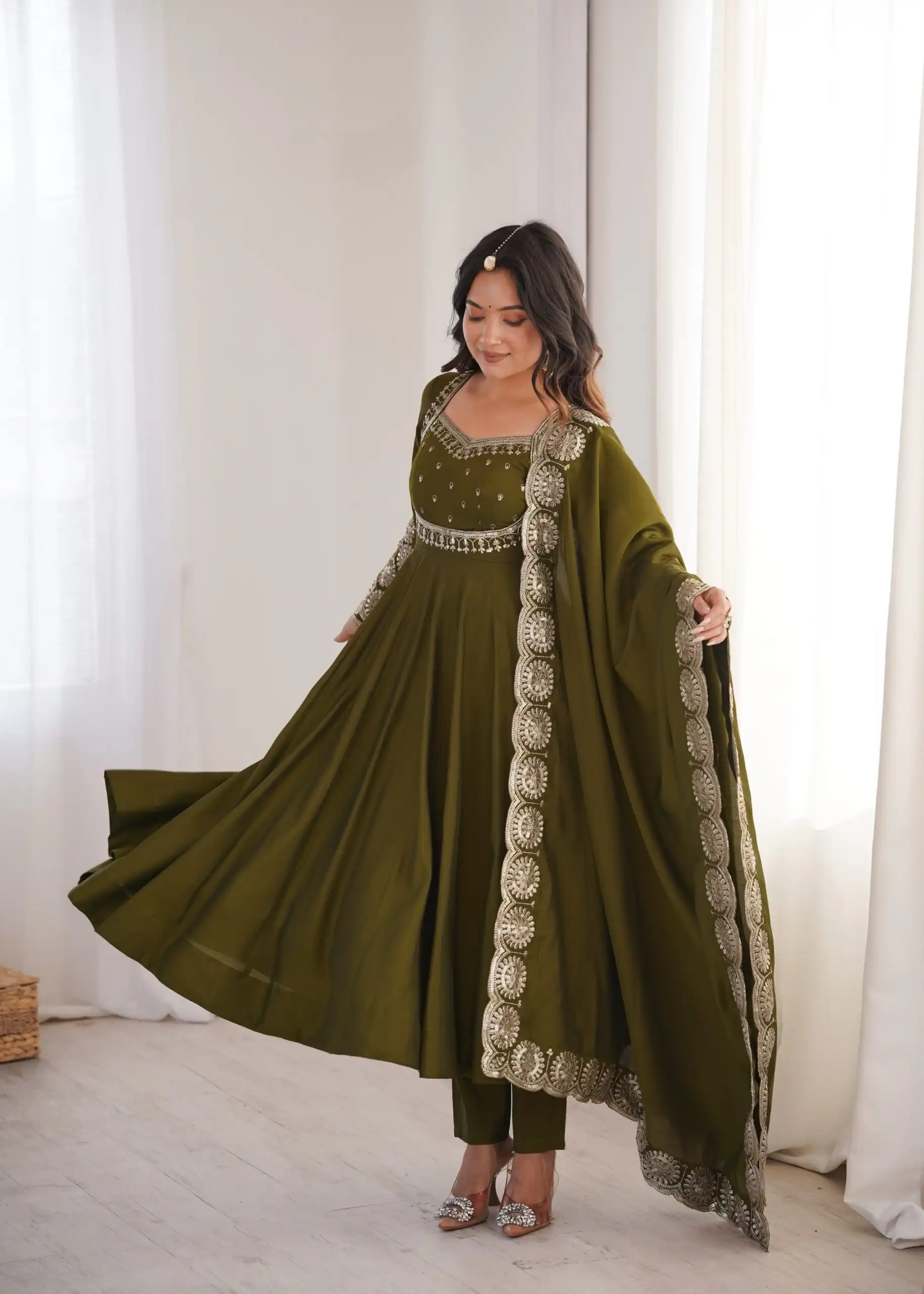 Glowing Mehendi Roman Silk Embroidery Work Anarkali Suit - Image 8