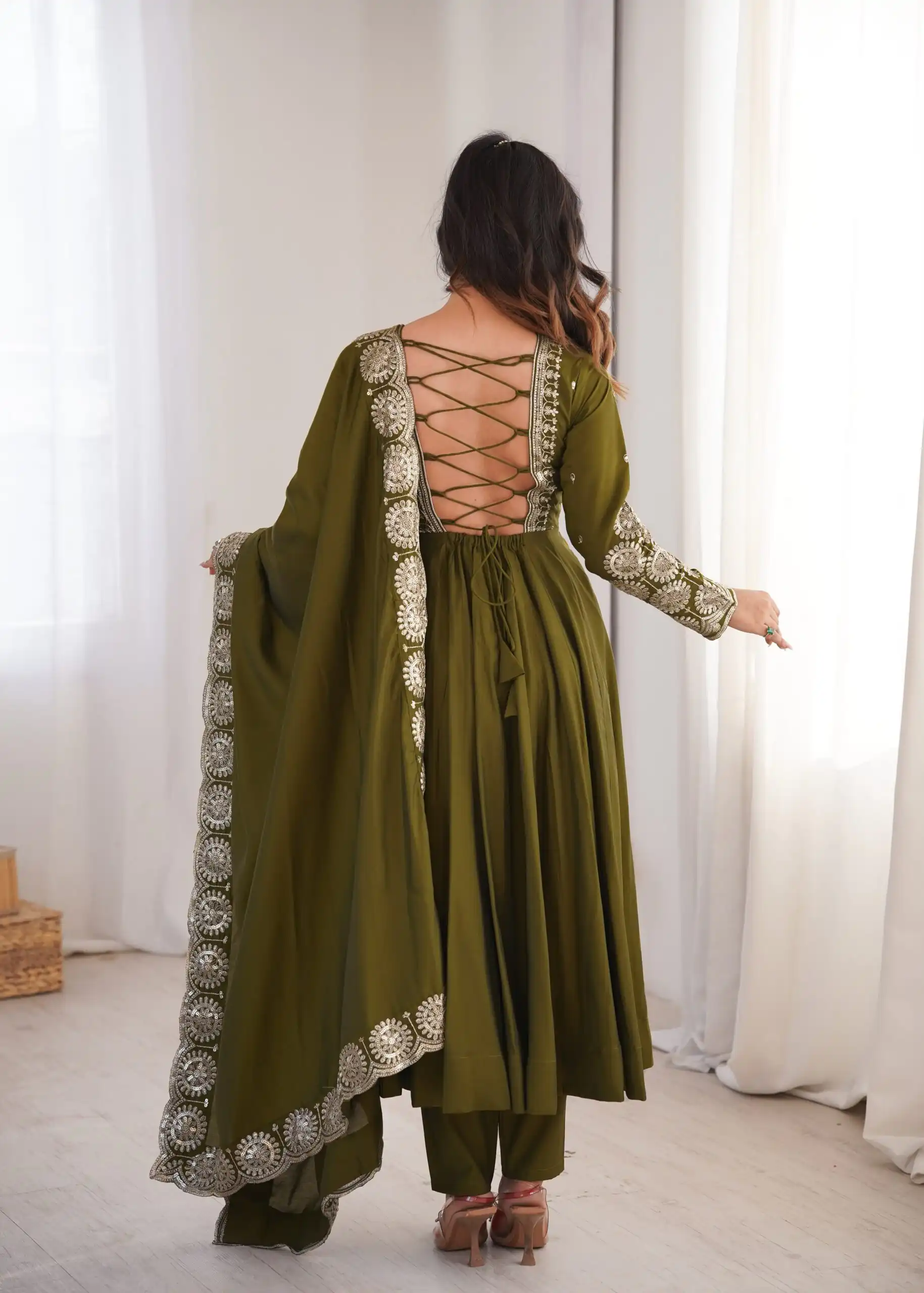 Glowing Mehendi Roman Silk Embroidery Work Anarkali Suit - Image 7