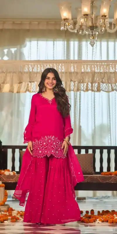 Glowing Pink Chinon Silk Sequence Work Salwar Suit
