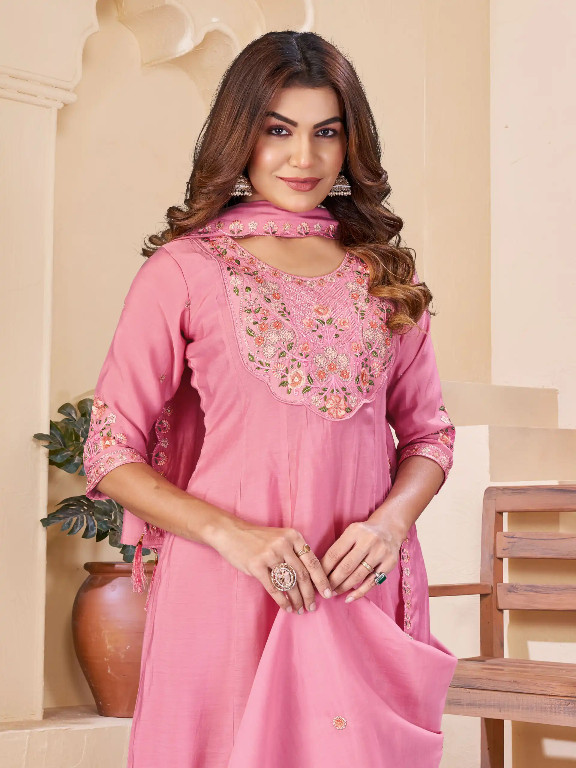 Glowing Pink Mal Chanderi Thread Work Salwar Suit - Image 2