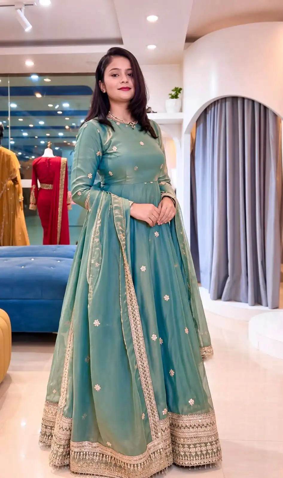Glowing Teal Fendy Silk Sequins Work Gown