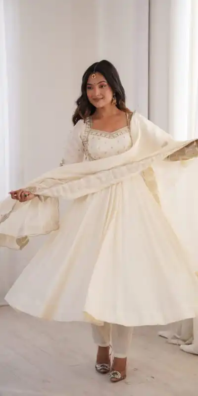 Glowing White Roman Silk Embroidery Work Anarkali Suit