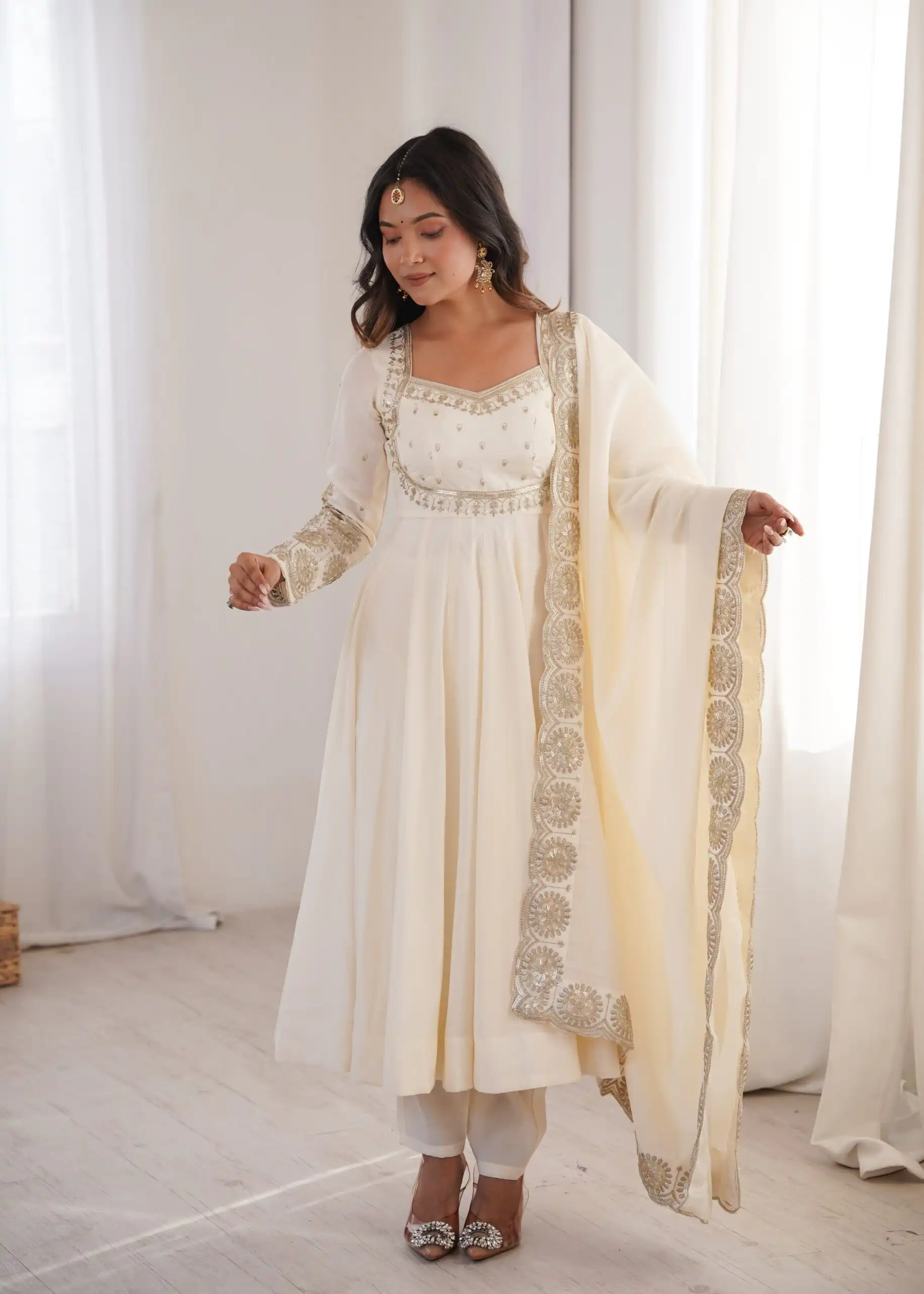 Glowing White Roman Silk Embroidery Work Anarkali Suit - Image 7