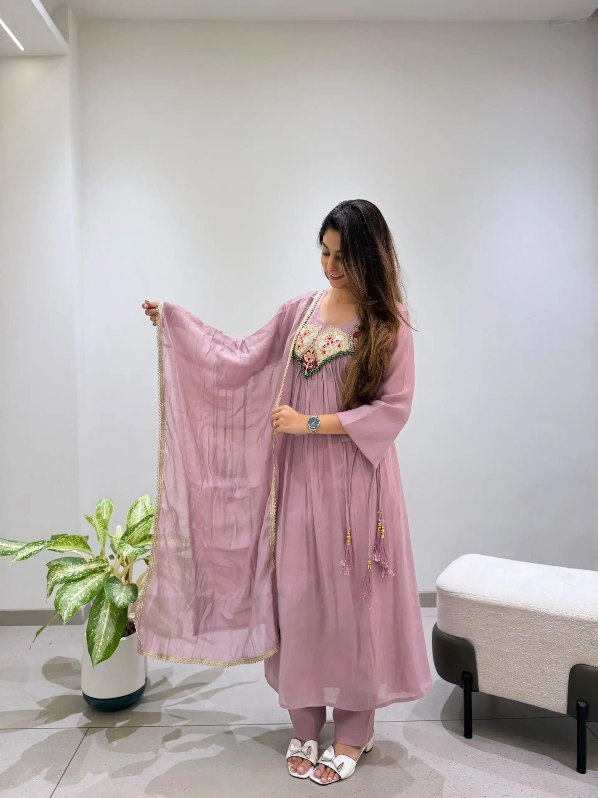 Graceful Lavender Mul Chanderi Embroidery Work Salwar Suit