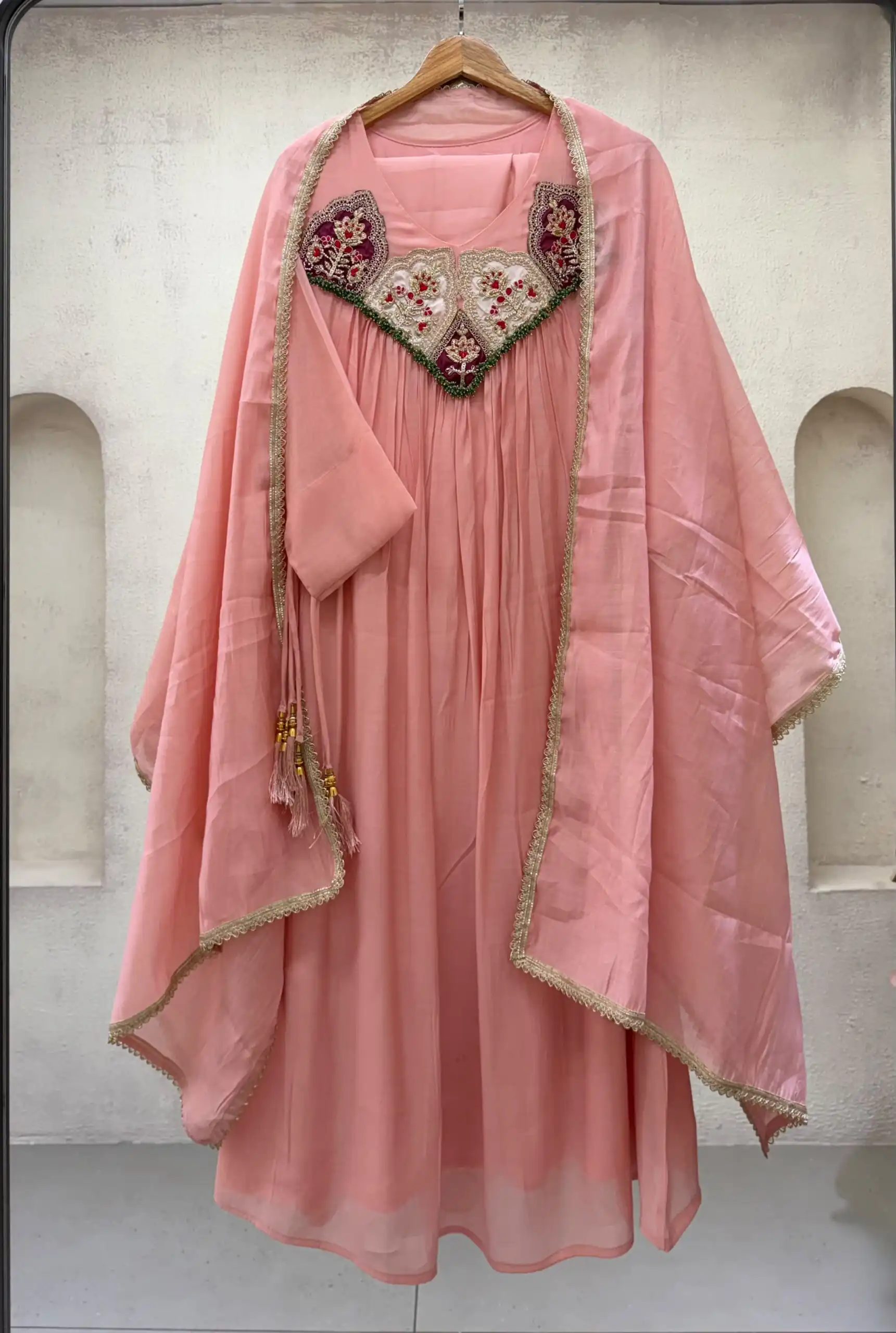 Graceful Peach Mul Chanderi Embroidery Work Salwar Suit