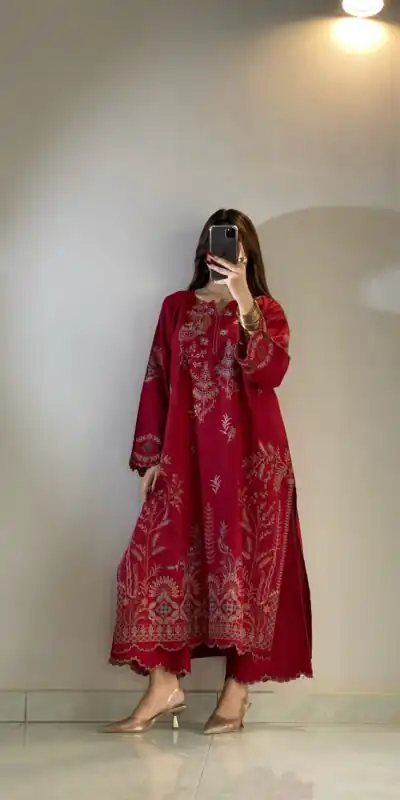 Graceful Red Mul Chanderi Embroidery Work Salwar Suit