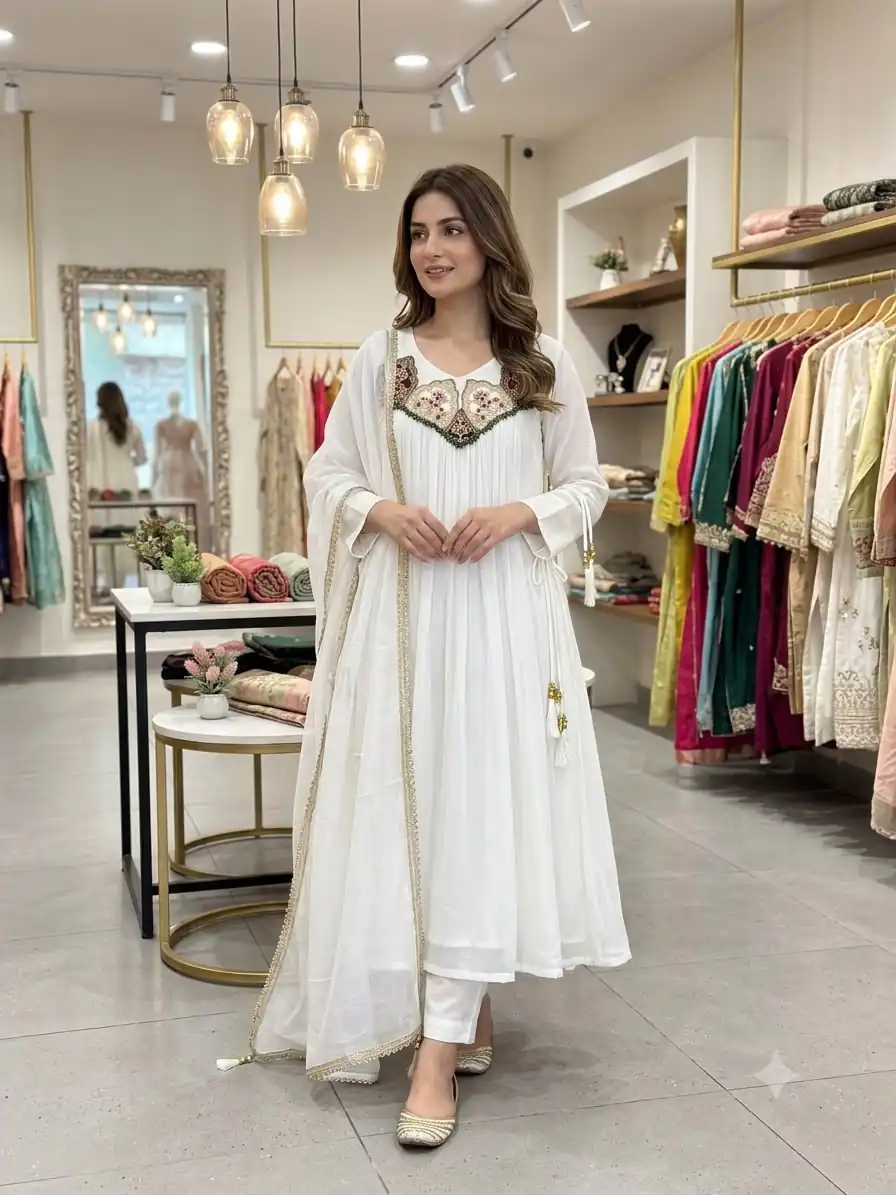 Graceful White Mul Chanderi Embroidery Work Salwar Suit