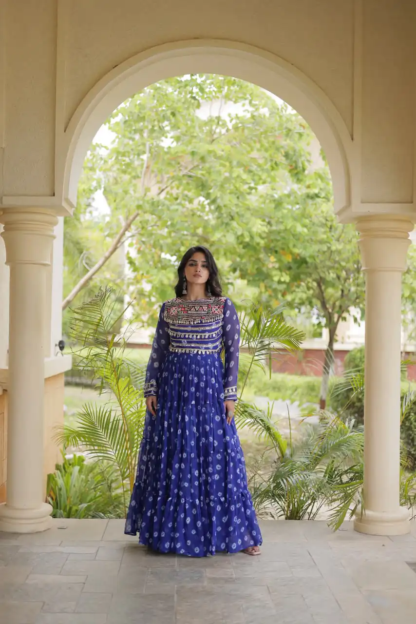 Great Blue Faux Georgette Bandhani Kutchi Work Gown - Image 4
