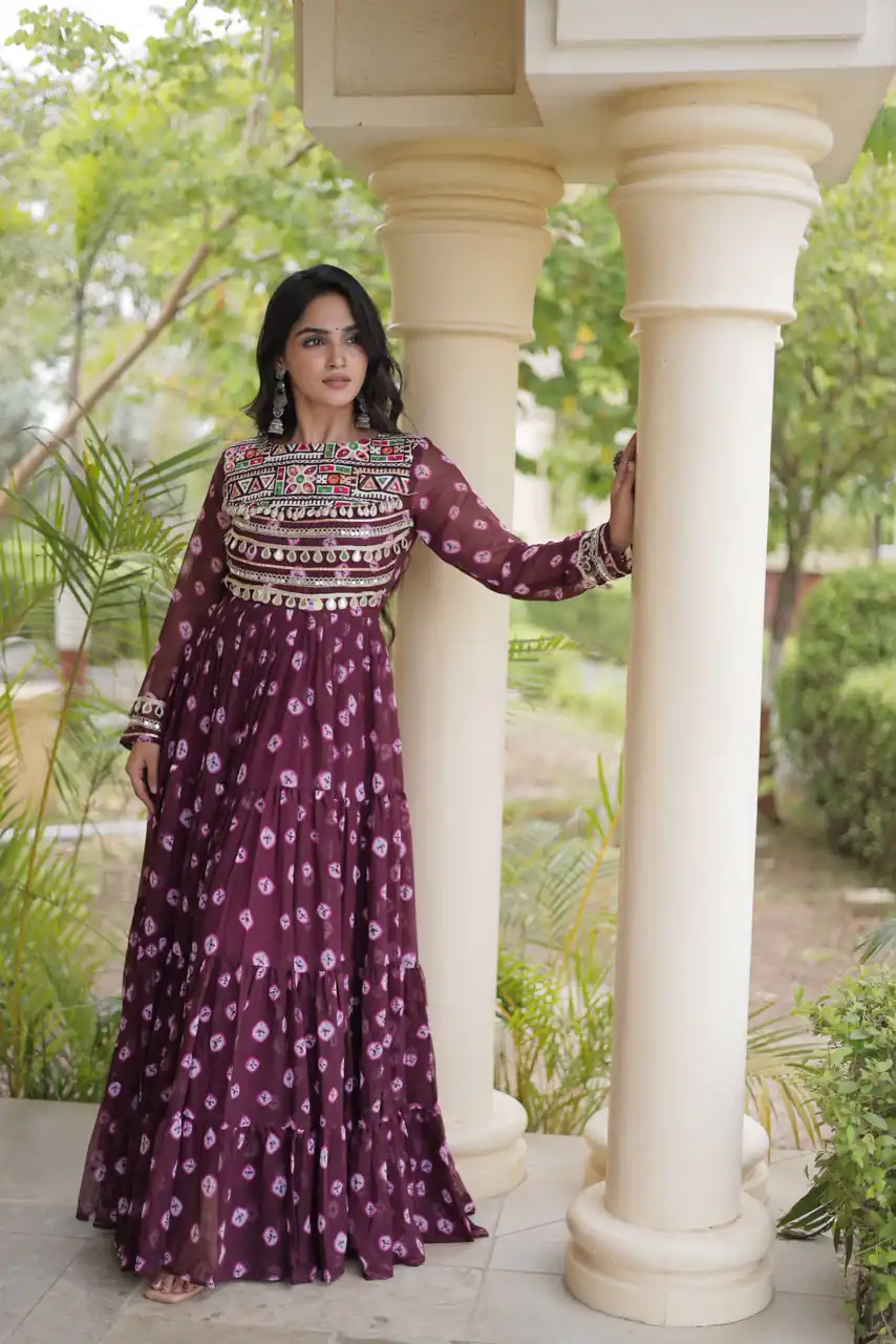 Great Wine Faux Georgette Bandhani Kutchi Work Gown - Image 3