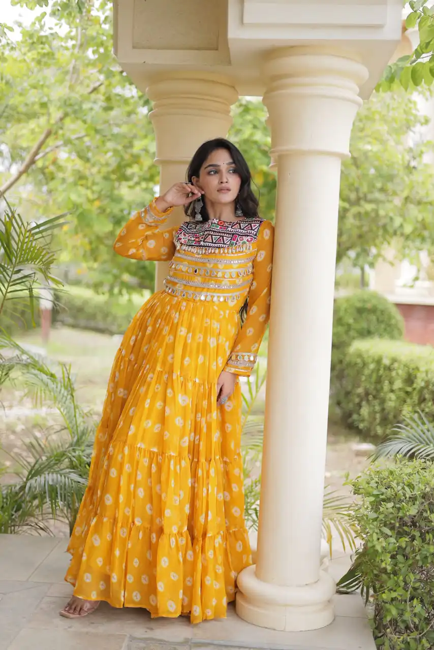 Great Yellow Faux Georgette Bandhani Kutchi Work Gown - Image 4