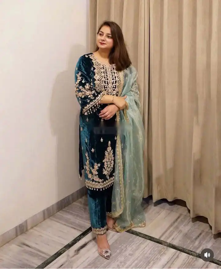 Lovely Blue Viscose Velvet Embroider Work Salwar Suit - Image 5