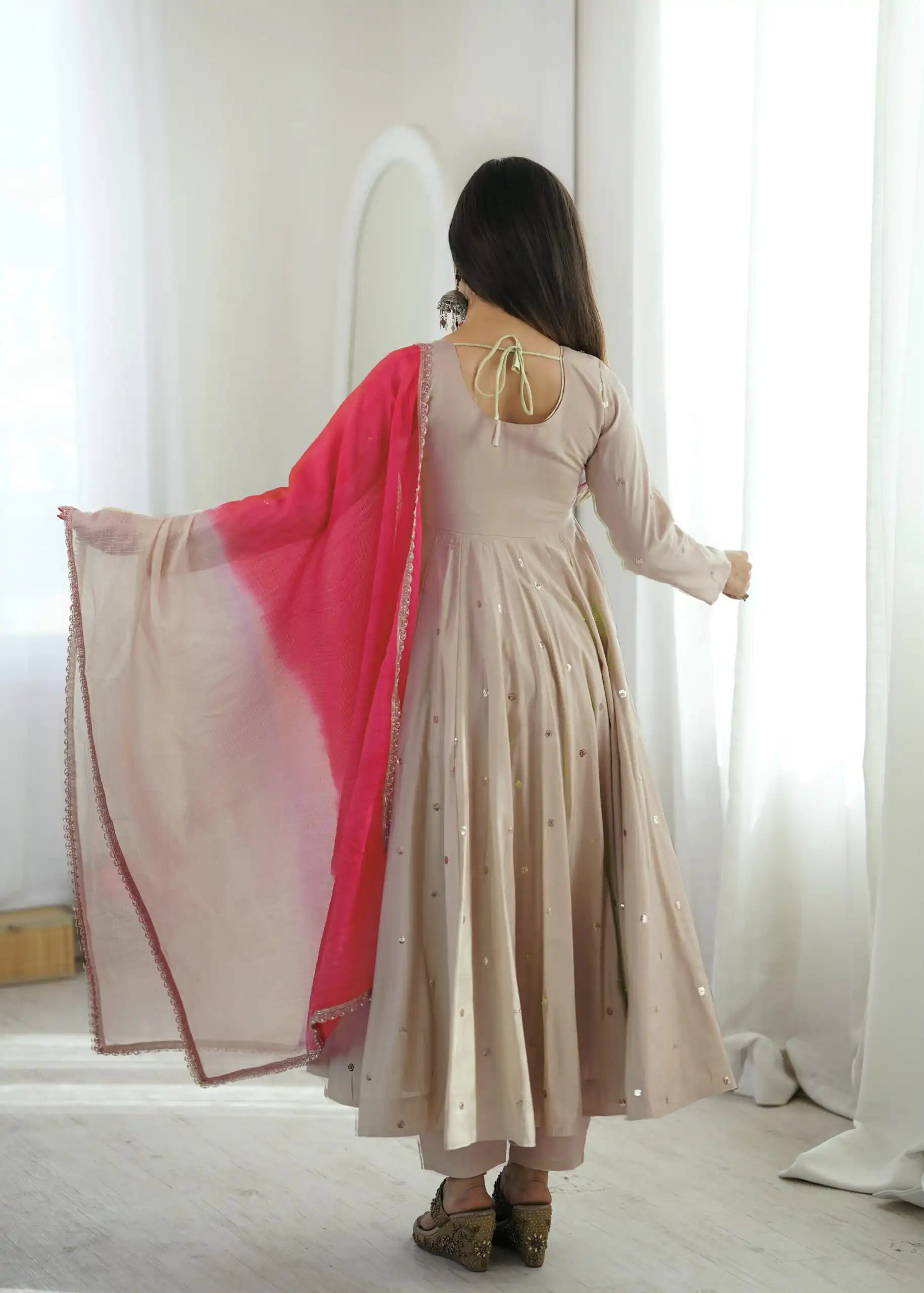 Lovely White Roman Silk Mirror Embroidery Work Gown - Image 8