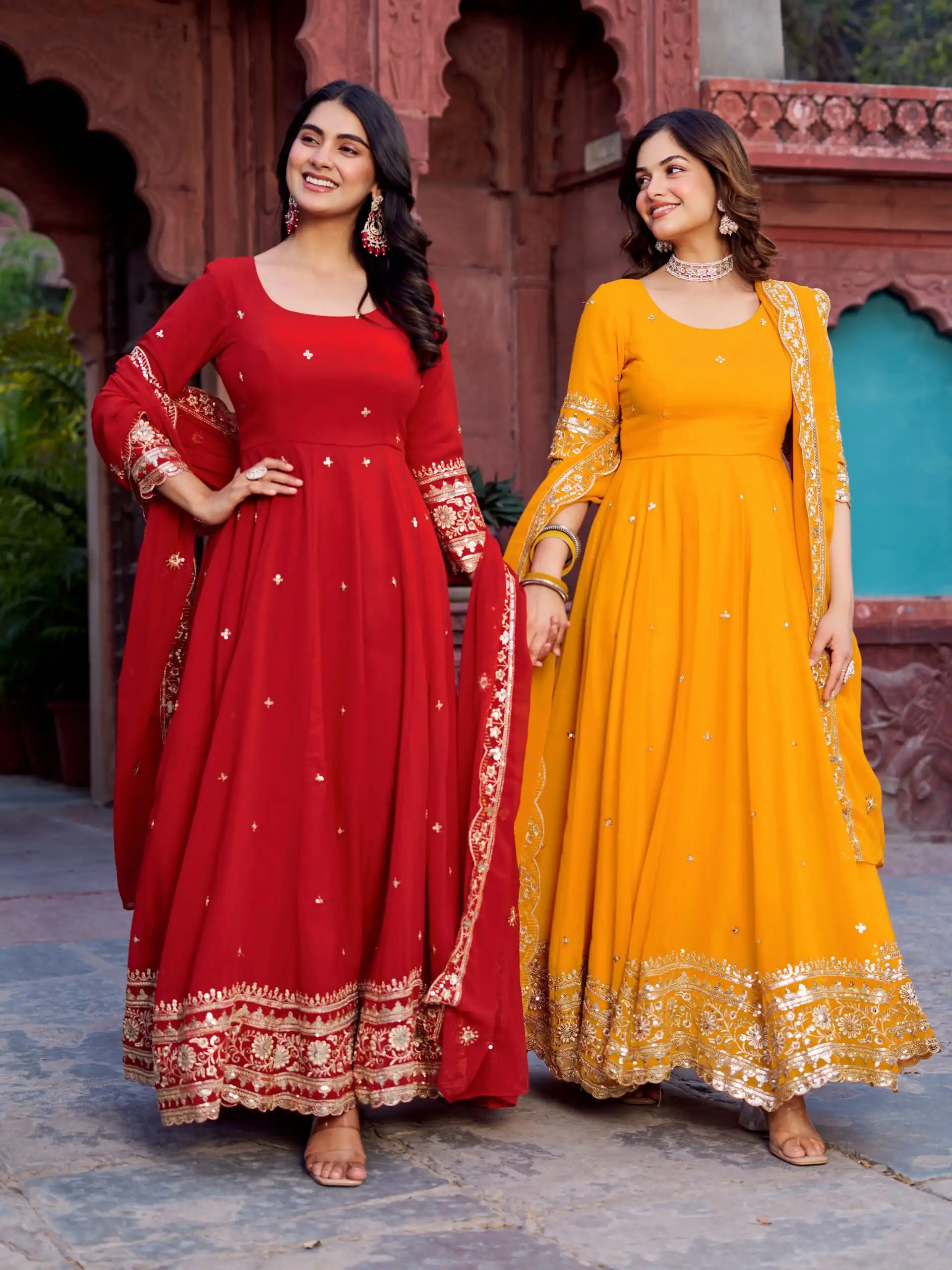 Magical Red Faux Georgette Sequence Work Gown - Image 6