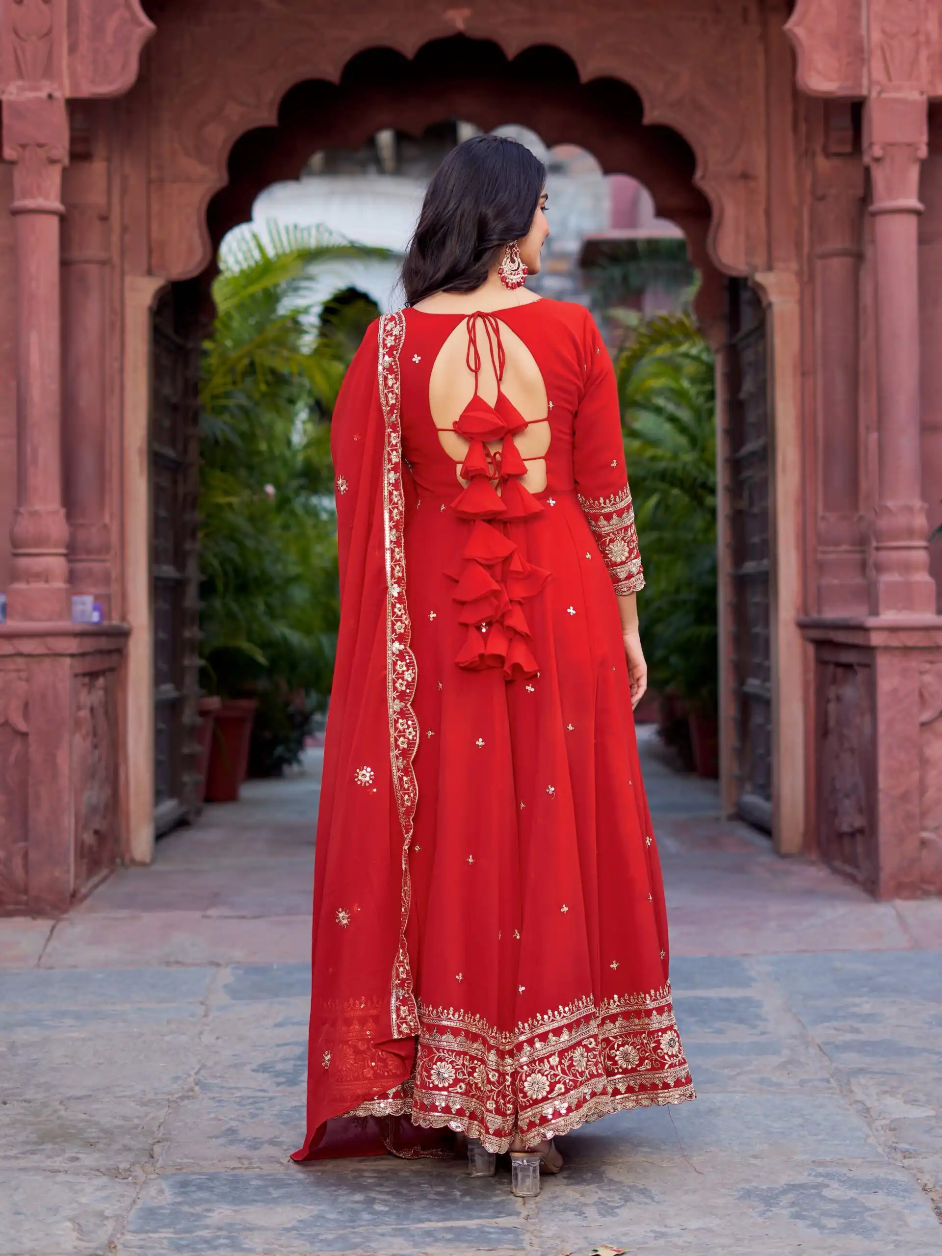 Magical Red Faux Georgette Sequence Work Gown - Image 4