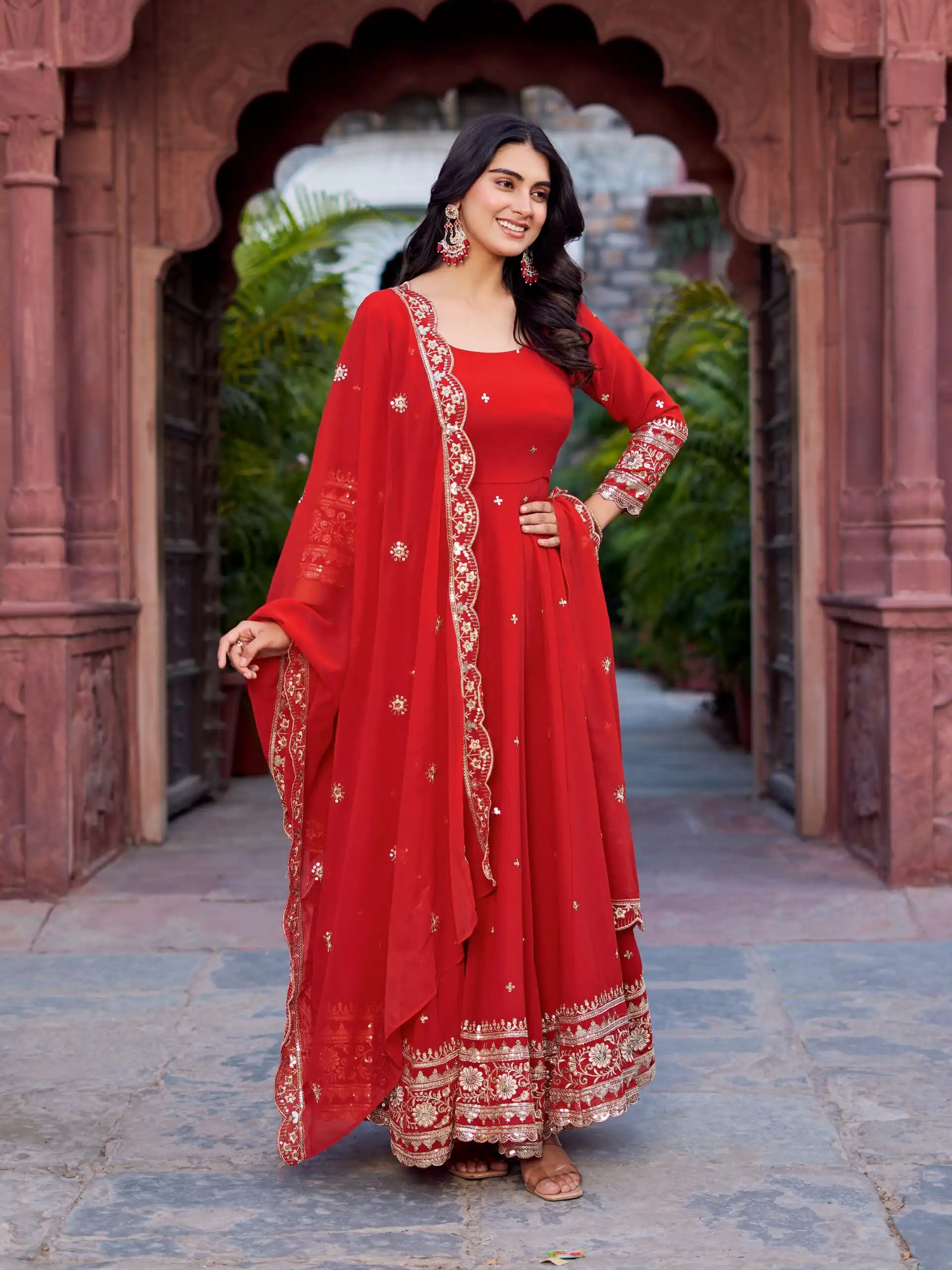 Magical Red Faux Georgette Sequence Work Gown - Image 3