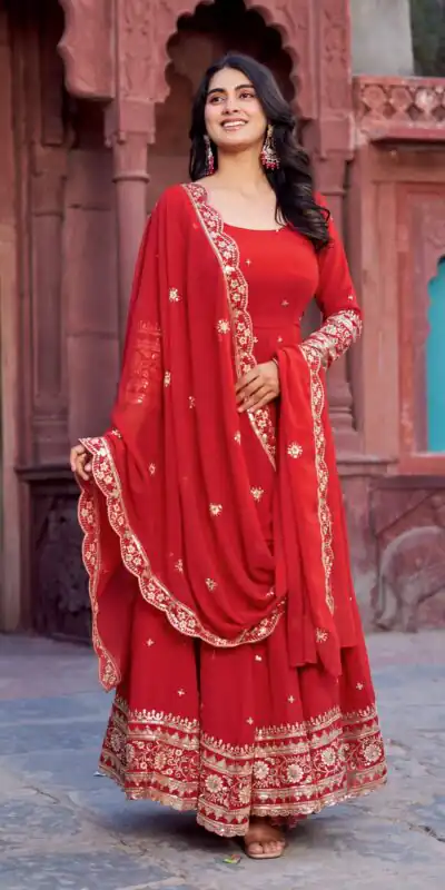 Alternative view of Magical Red Faux Georgette Sequence Work Gown