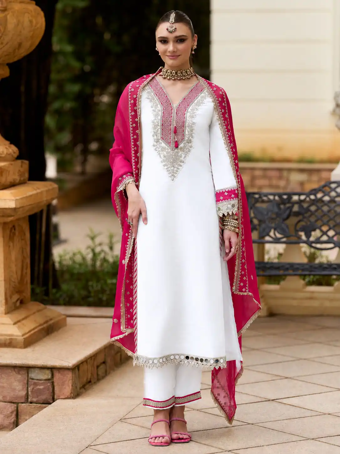 Magical White Chinon Silk Real Mirror Work Salwar Suit - Image 7
