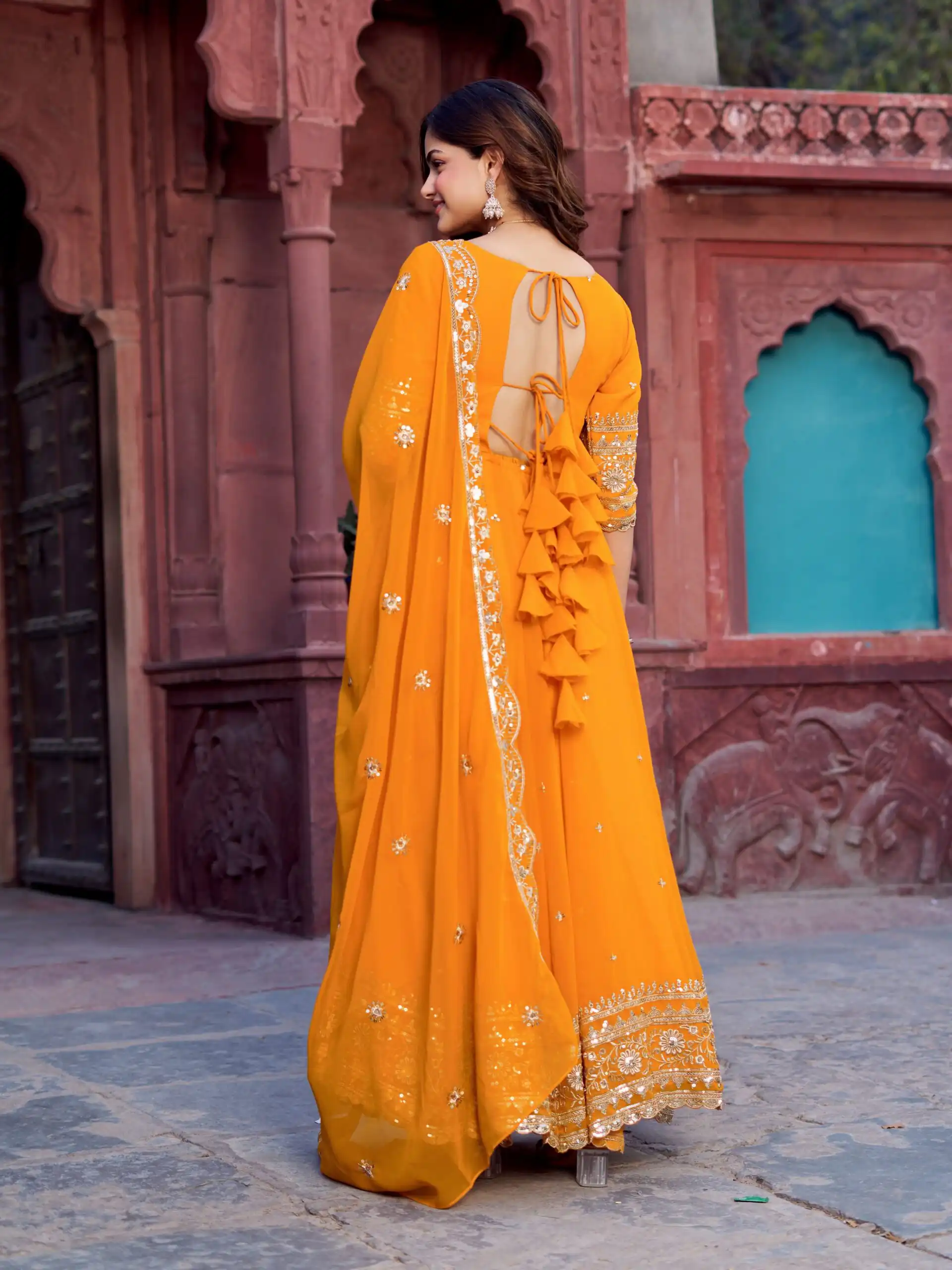 Magical Yellow Faux Georgette Sequence Work Gown - Image 5